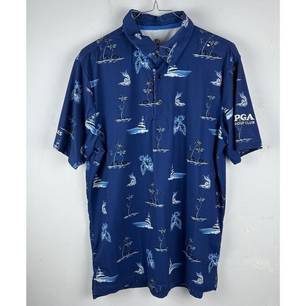 Scales Polo Shirt Small Blue Nautical Print Golf Stretch Offshore Clubhouse PGA